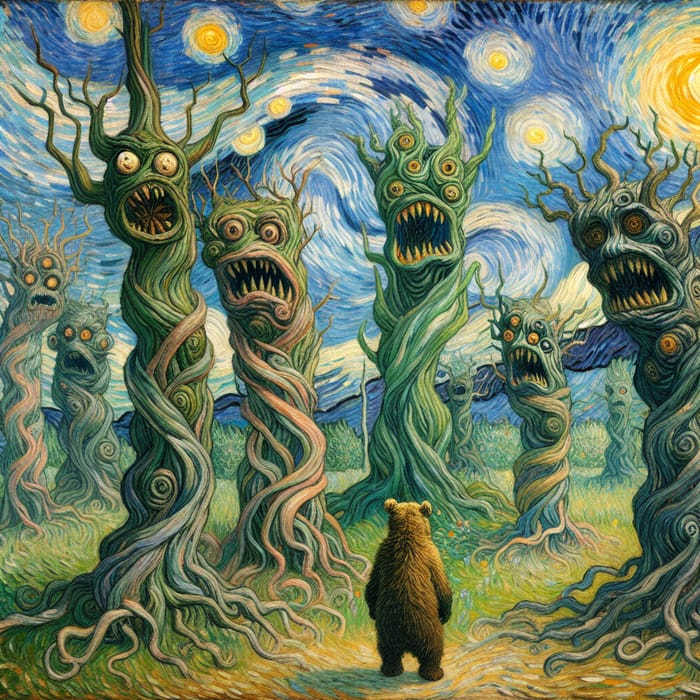 Whimsical Forest Scene with Bear & Scary Tree Monsters - A Fairy-Tale Fantasy Whimsical Forest Scene with Bear & Scary Tree Monsters - A Fairy-Tale Fantasy