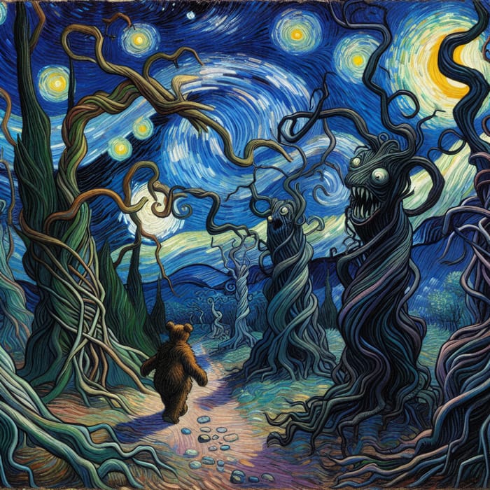 Whimsical Forest Encounter: Van Gogh Style Bear & Scary Tree Monsters Whimsical Forest Encounter: Van Gogh Style Bear & Scary Tree Monsters