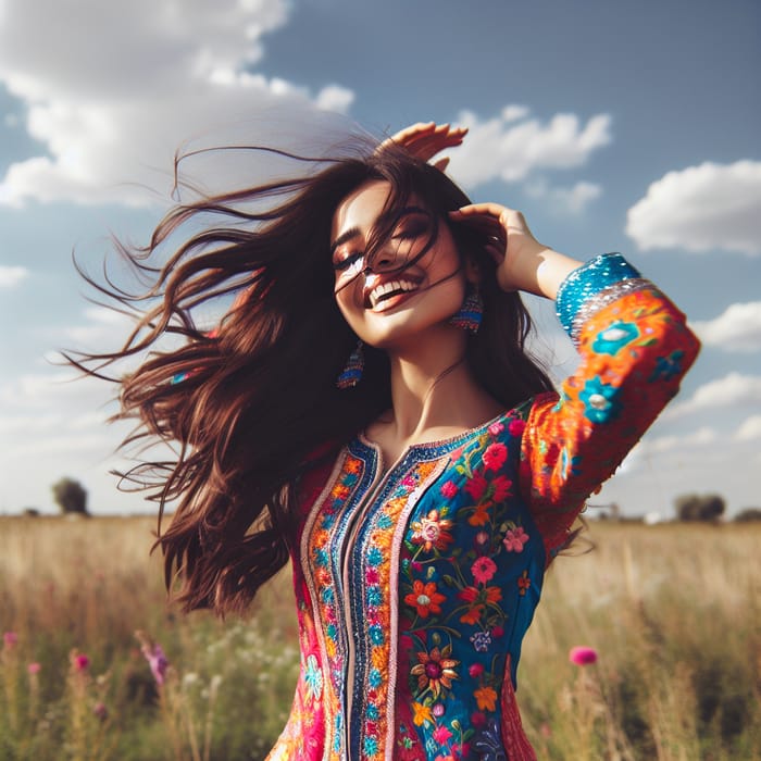 Joyful South Asian Girl Dancing in Colorful Attire