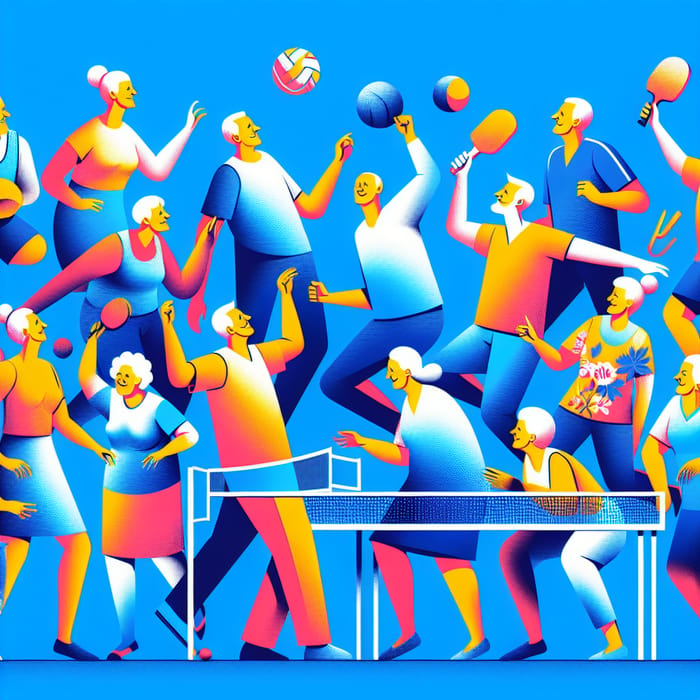 Happy Russian Seniors Enjoying Volleyball and Table Tennis on Blue Background