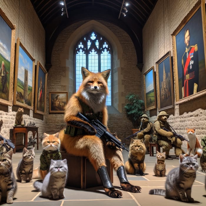 Surreal Scene Inside Ancient Castle: Fox, Armed Kittens & Paintings