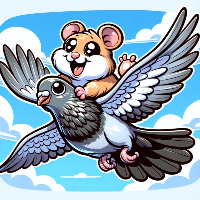 Hamster and Pigeon Cartoon: Joyful Flying Scene