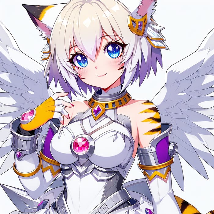 Anime White Feline Anthro with Purple Details | Digimon Style