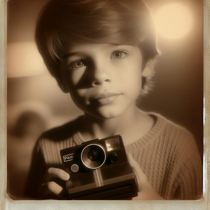 Nostalgic Vintage Portrait of Young Boy with Polaroid Camera