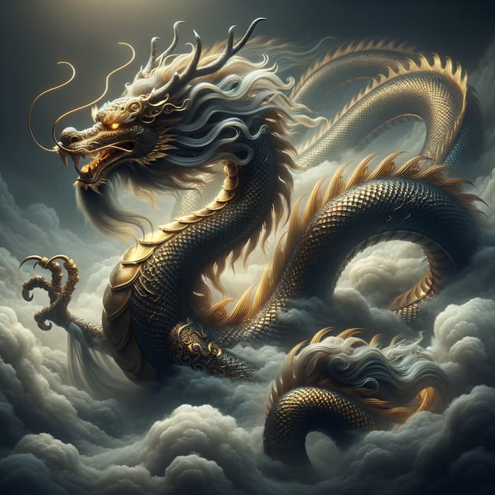 Majestic Golden Chinese Dragon: A Regal Emblem in the Clouds