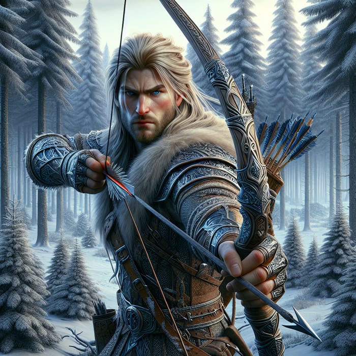 Grimdark Male Viking D&D Hunter with Bow in Winter Forest