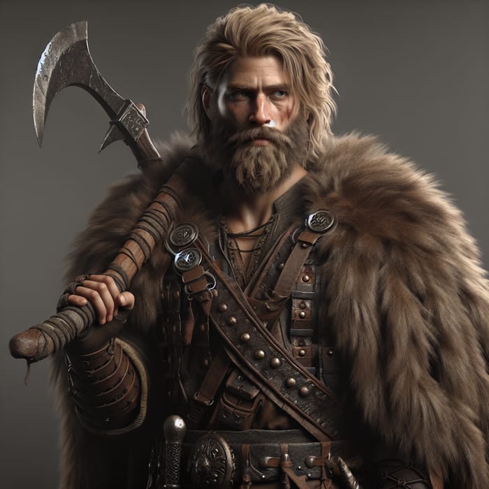 Young Blonde Viking Barbarian with Greataxe in Leather Armor