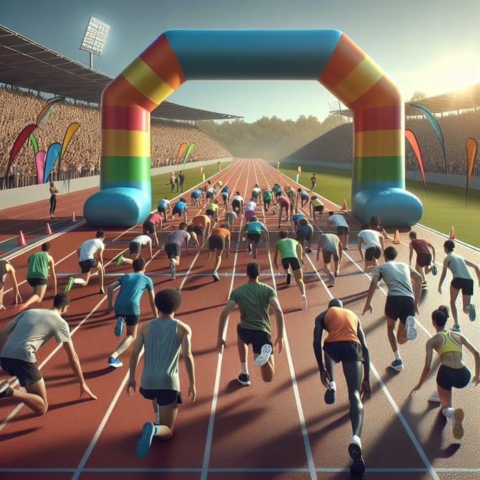 Energetic Runners at Starting Line with Inflatable Arch