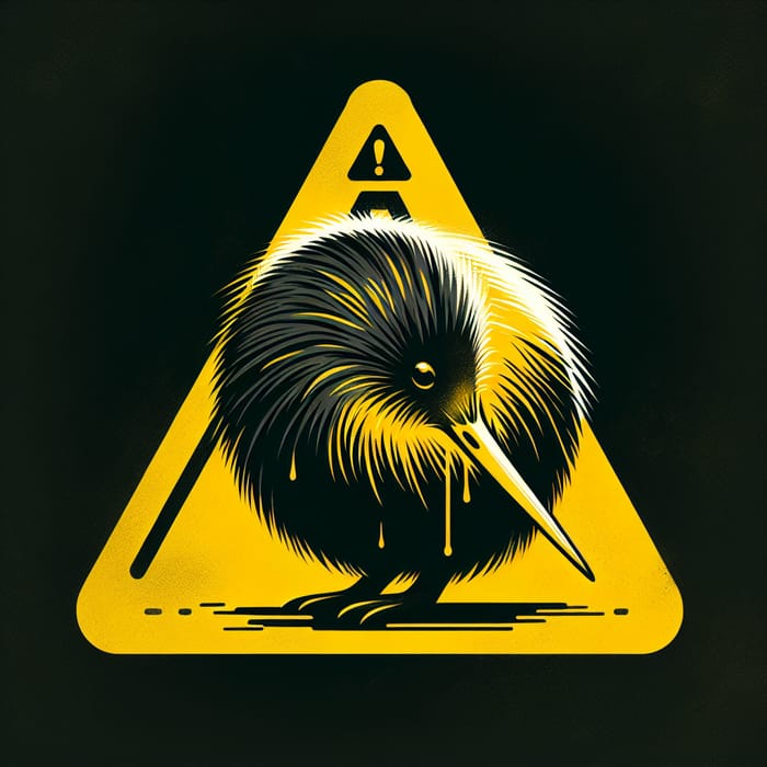 Black and Yellow Kiwi Bird Digital Painting - Warning Sign Style