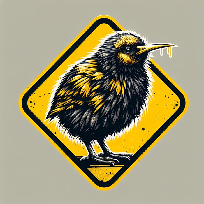 Black and Yellow Kiwi Bird Digital Painting - Warning Sign Illustration