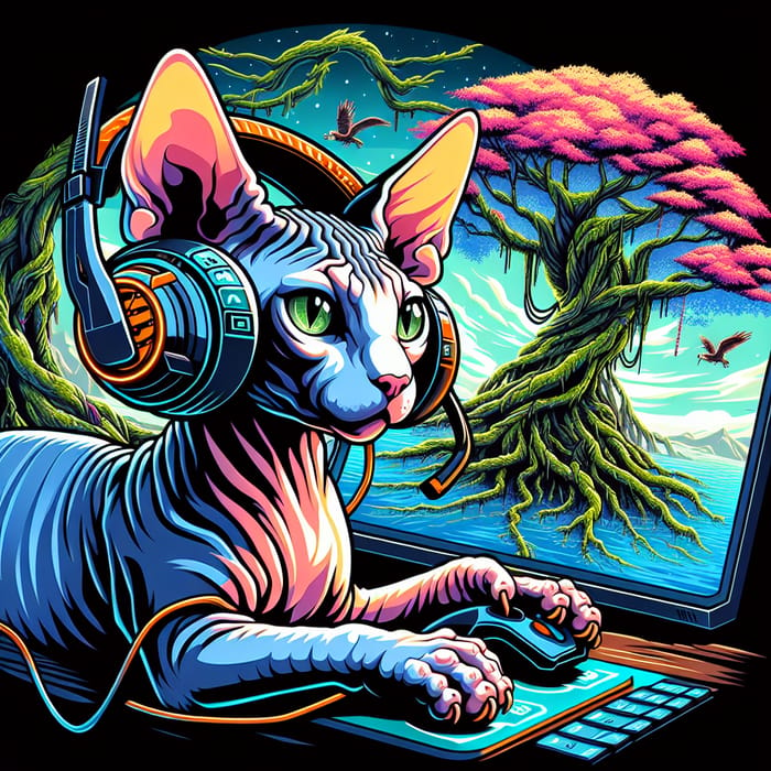 Futuristic Sphinx Hairless Cat Gaming in Anime Tree World