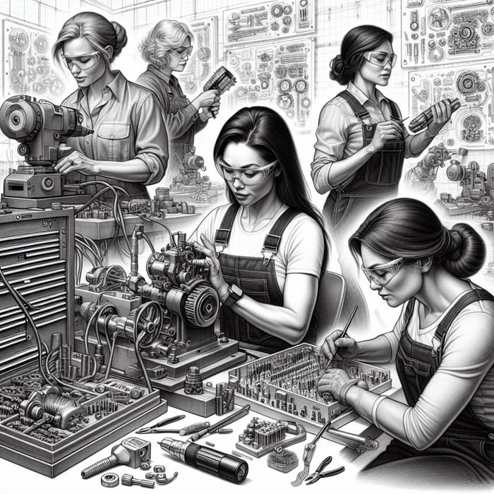 Detailed Pencil Drawing of Women in Maintenance & Repair