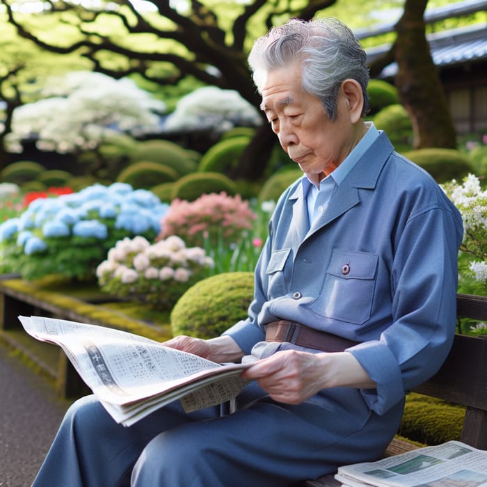 Elderly Japanese Man Reading Newspaper in Garden Park