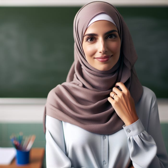 Veiled Teacher in Classroom with Whiteboard