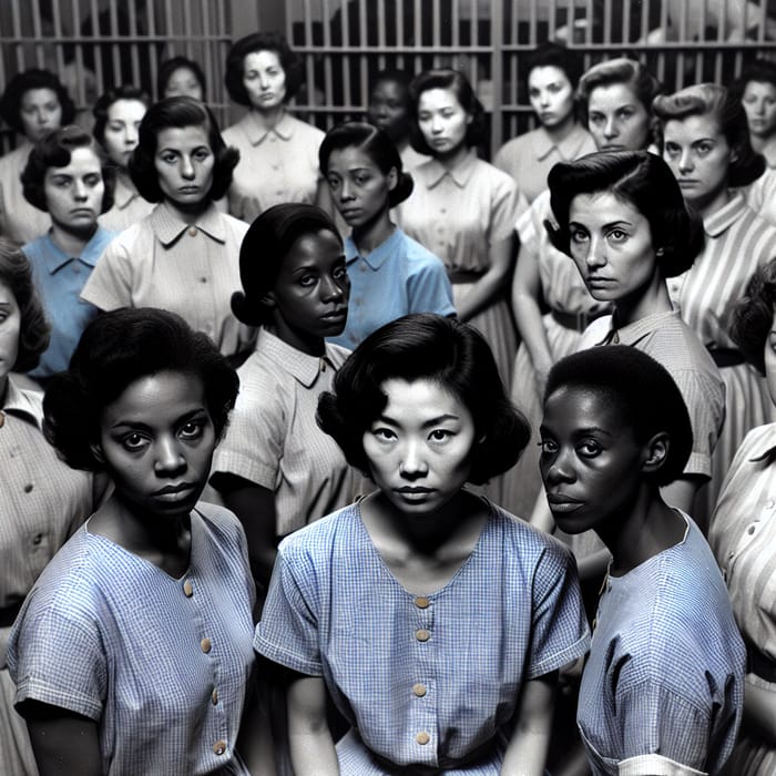 1950 Women in Blue Prison Dresses with Square Neckline