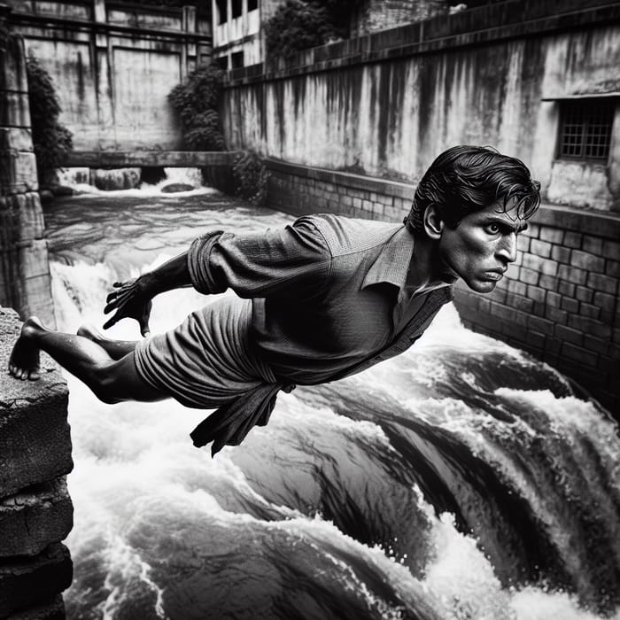 Dramatic Man Suspensefully Perched on Wall Over River | Canon EOS R6 50mm Lens