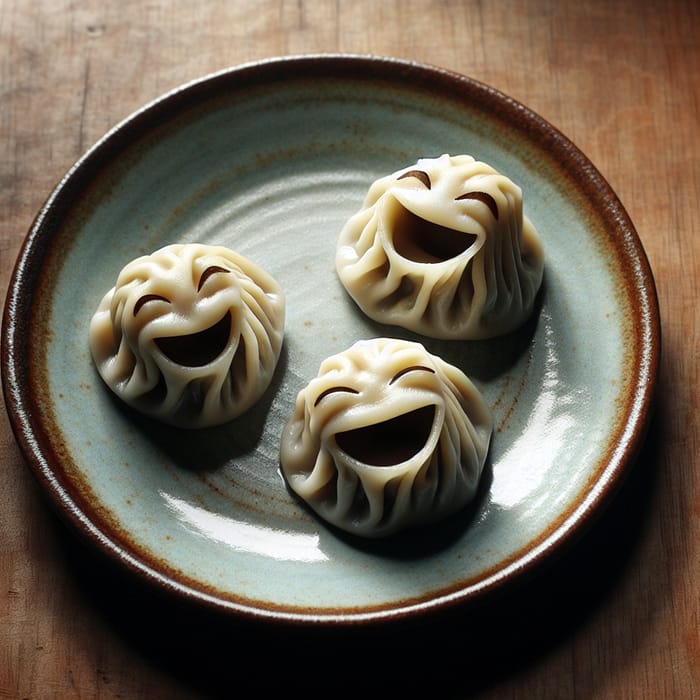 Three Smiling Siomai Dumplings on Plate | Food Photography