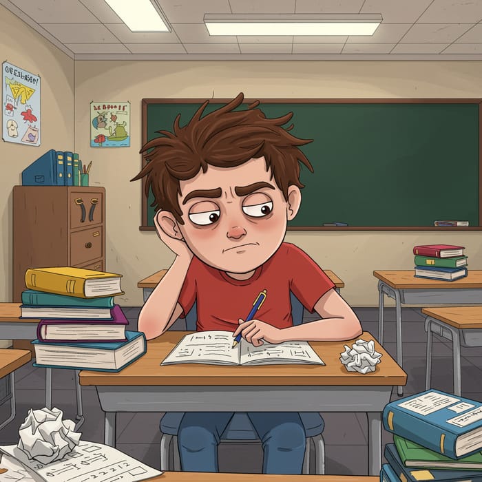 Frustrated Cartoon Student in School