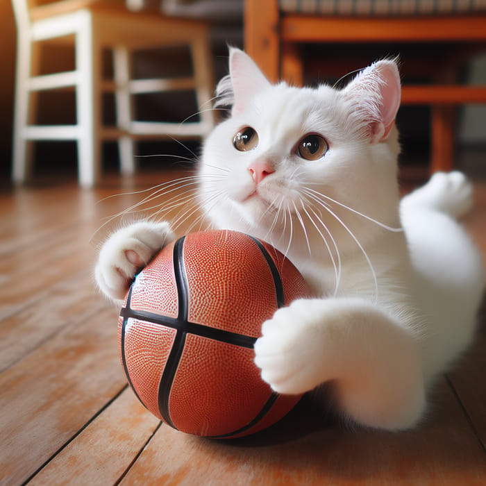 White Cat Playing Basketball - Adorable Image