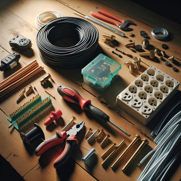 Electrical Materials on Wooden Table - Material Eletrico