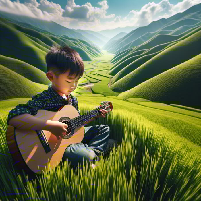 Young Asian Boy Playing Guitar in Enchanting Valley Young Asian Boy Playing Guitar in Enchanting Valley