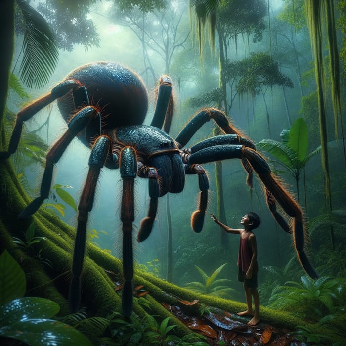 Giant Sapphire Spider Playing with Child in Jungle - Authentic