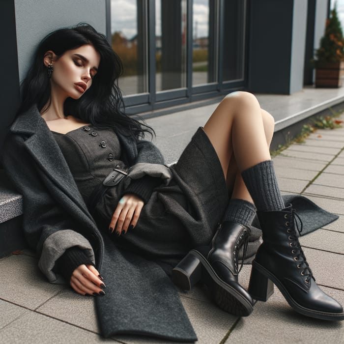 Woman with Black Hair in Grey Dress Lying Near Building