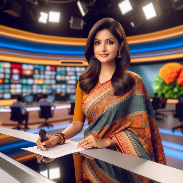 Indian Women News Anchor on Modern Set