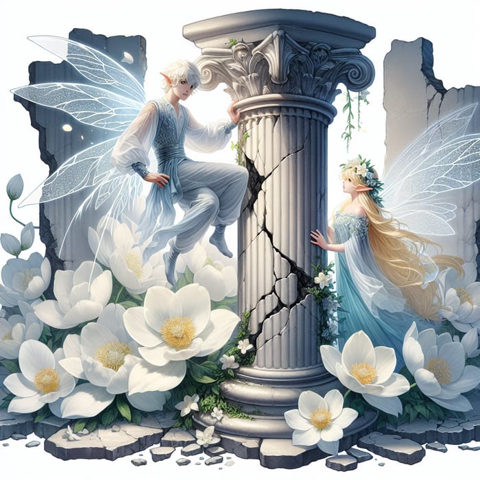 Enchanting Blooming White Flowers and Fairy Tale Characters