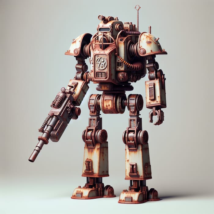 Retro Rusty Robot with Height and Vintage Weapons