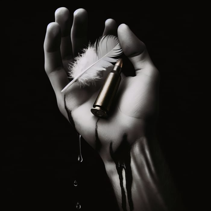 Human Hand Holding Ammunition Cartridge, White Feather, Tears - Emotional Image