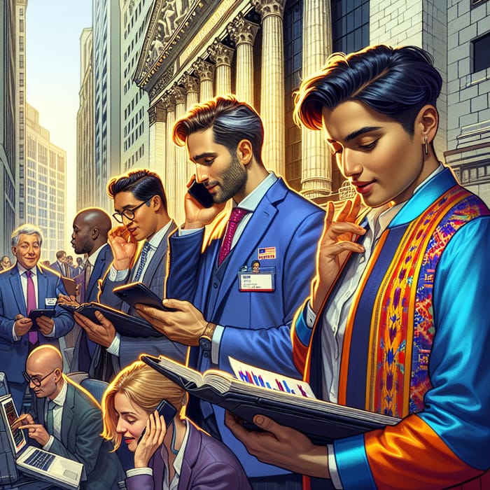 Stock Market Traders in Front of Exchange | Diverse Trading Scene