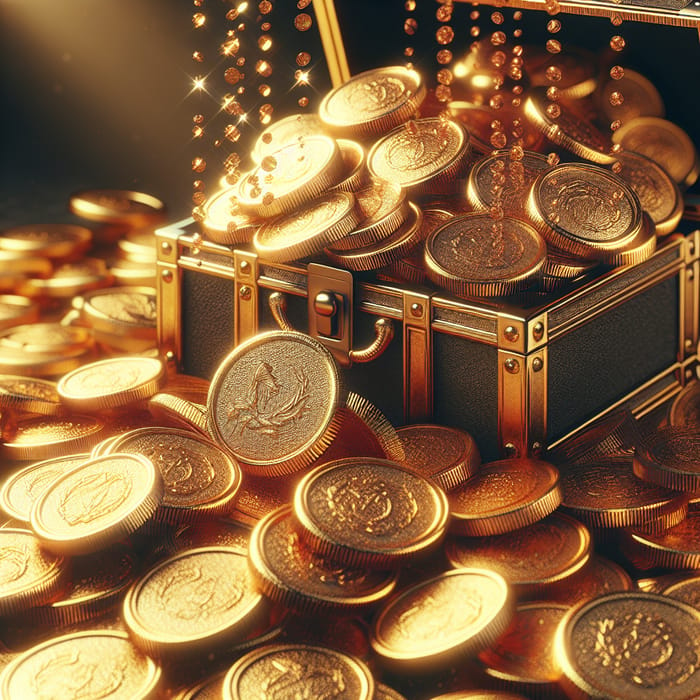 Opulent Treasure Chest: Macro Detailed Gold Coins Pouring Out