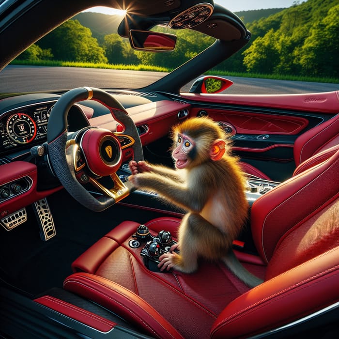 Monkey in Ferrari: Luxurious Red Interior with High-Tech Dashboard