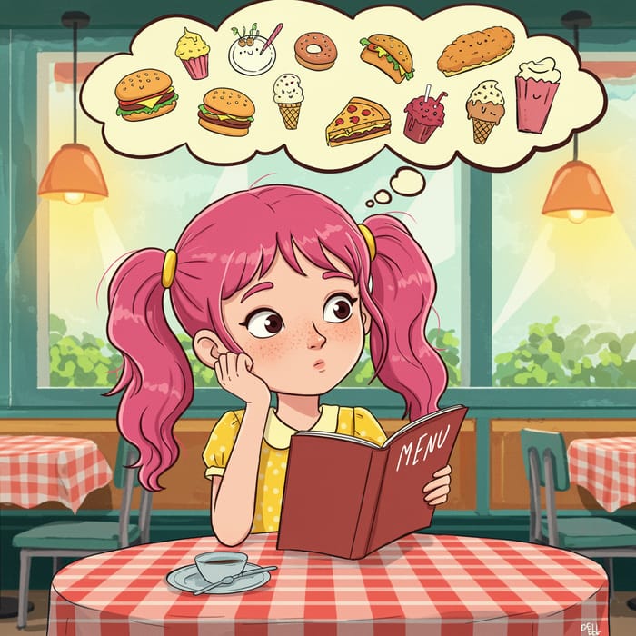 Cartoon Girl Choosing Restaurant Order