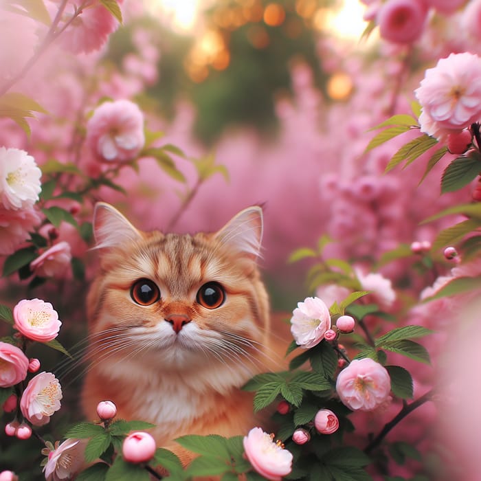 Adorable Cat with Pink Blossoms