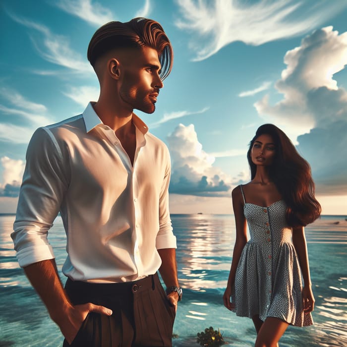 Stylish Beach Scene: Man with Amazing Style & Haircut by Tranquil Sea