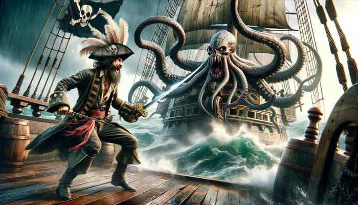 Swashbuckling Pirate Battles Kraken in Open Seas