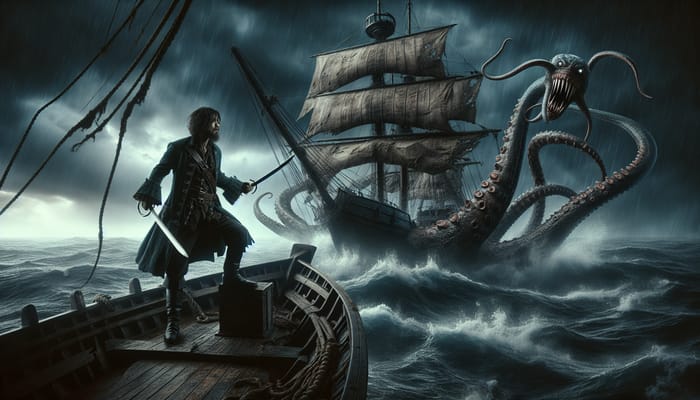 Dark Fantasy Pirate Battling Kraken on Stormy Seas