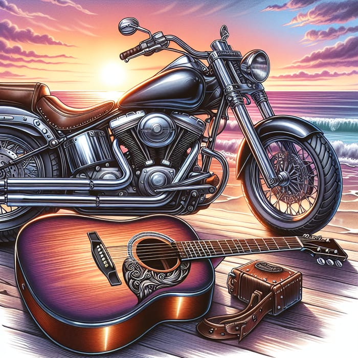 Motorcycle and Guitar: A Perfect Sunset Scene