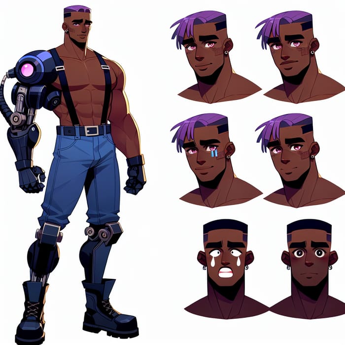 Tall Muscular Black Mechanic with Pink Eyes - Robotic Leg