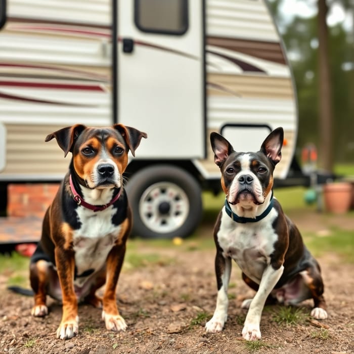 Catahoula Dog and Boston Terrier by a Camper