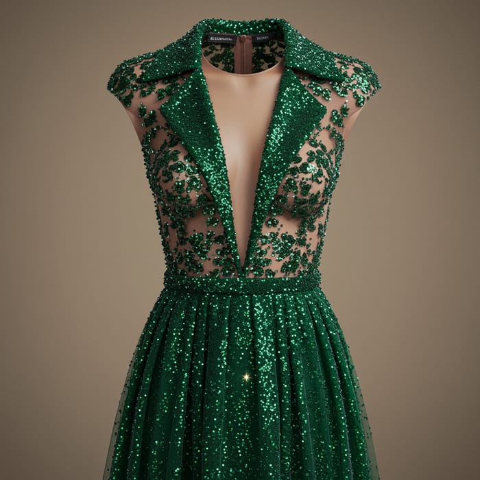 Emerald & Purple Sequin Dress with V-Neck Design