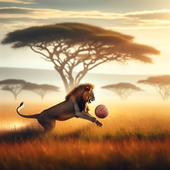 Dynamic Lion Playing with Ball in Grassy Savannah