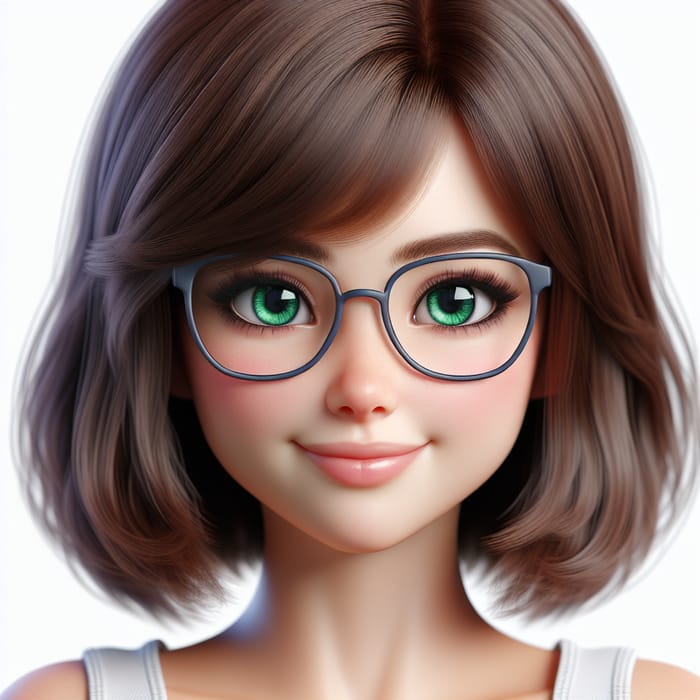 Cute Girl with Bob Cut, Green Eyes, and Square Glasses