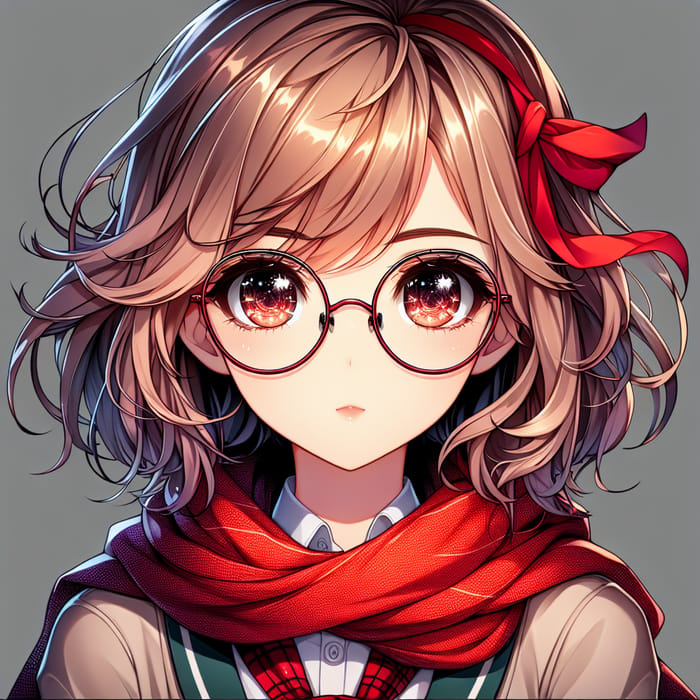 Anime Girl with Red Scarf and Clear Glasses - Playful Character Portrait