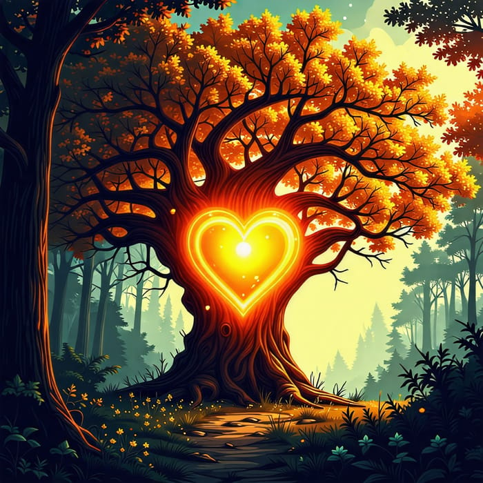 Giant Heartwood Tree with Glowing Heart - Fantasy Realm Scene