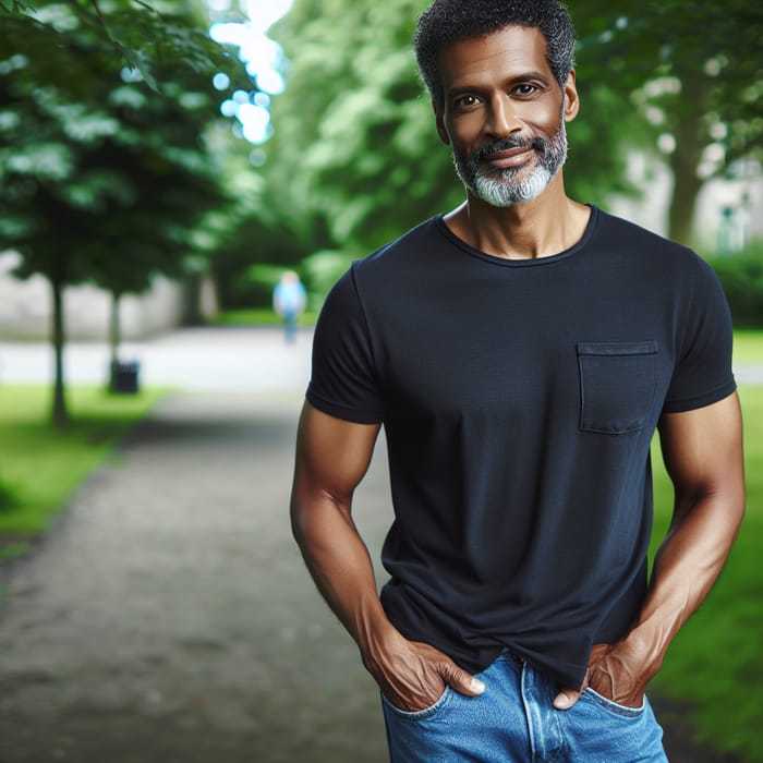 Middle-Aged Man in Casual Attire at Peaceful Park