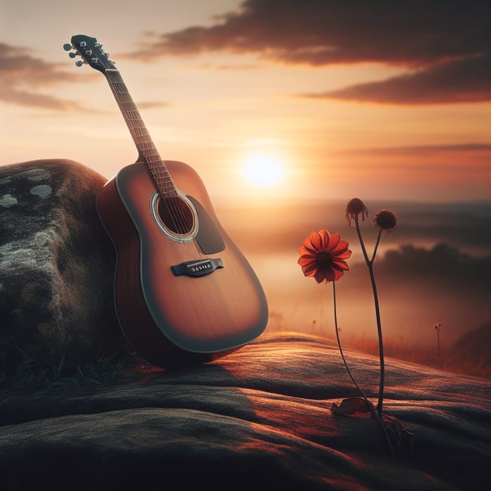 Sunset Guitar by the Rock: Wilted Flower in Background