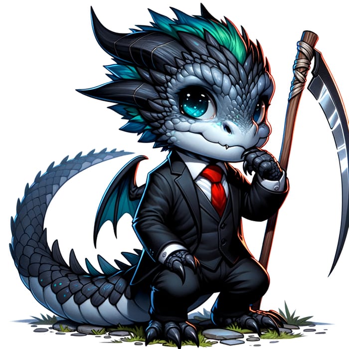 Adorable Dragon in Black Suit with Scythe | Mythical Creature Art